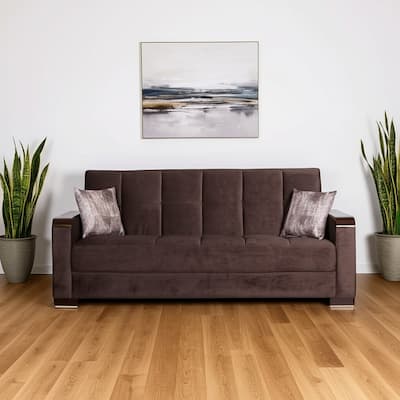 HomeRoots 87" Brown Microfiber Convertible Futon Sleeper Sofa And Toss Pillows With Storage