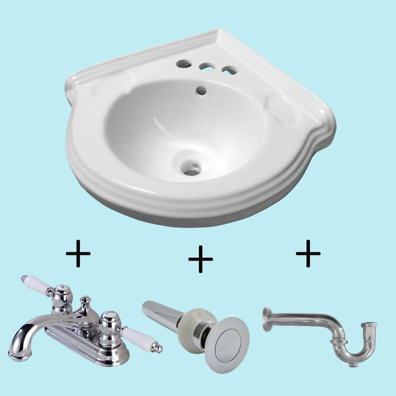 22" White Wall Mount Bathroom Sink with Faucet, P trap and Sink Drain