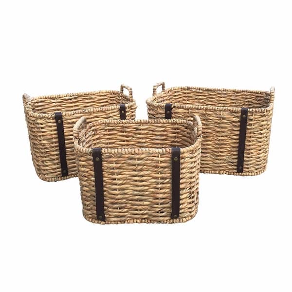 slide 2 of 15, DreamPatio Rosa Water Hyacinth Basket Set with PU Leather (3 pieces)