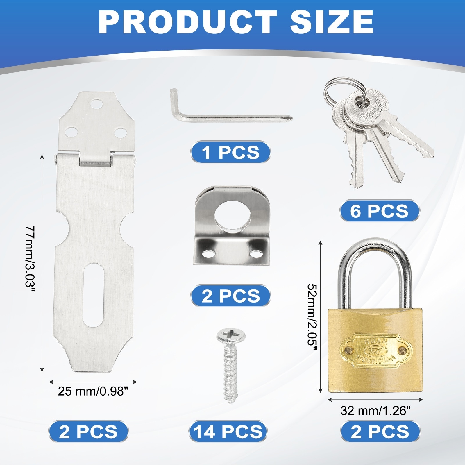 Stainless Steel Padlock Hasp, Lock Hasp Latch Door Slide Latch Locks with Single Copper Lock and Screws - Silver