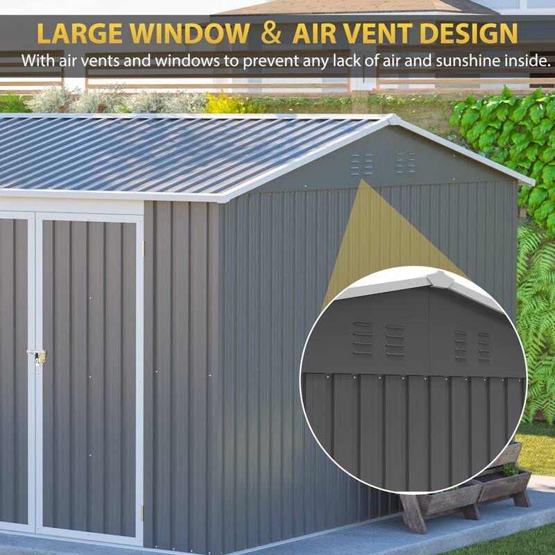 12x10 FT Waterproof Steel Garden Shed with Lockable Doors for Backyard & Patio
