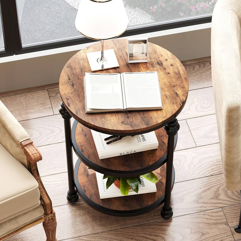 Round End Table with 3 Storage Shelves