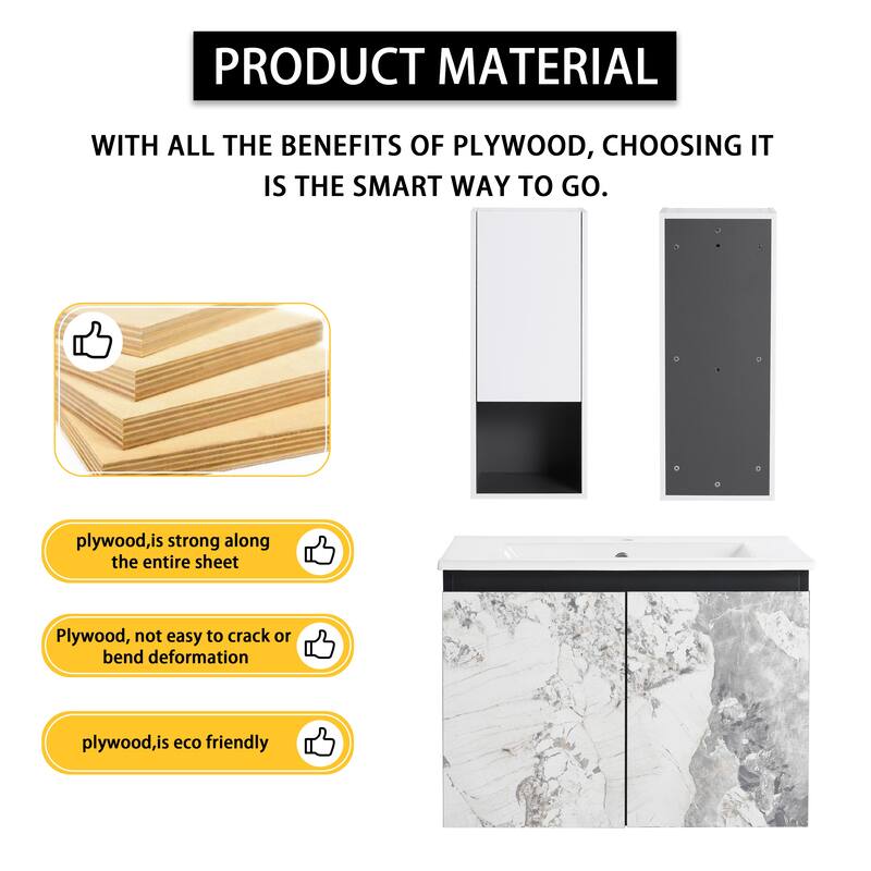 24" Wall-Mounted Bathroom Vanity with Ceramic Sink and Soft-Close Doors, Side Cabinet for Extra Storage