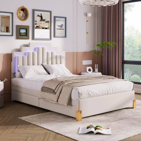 slide 2 of 35, Stylish Velvet Platform Bed with RGB Lights, 4 Drawers, and Artistic Headboard - Full Size Beige
