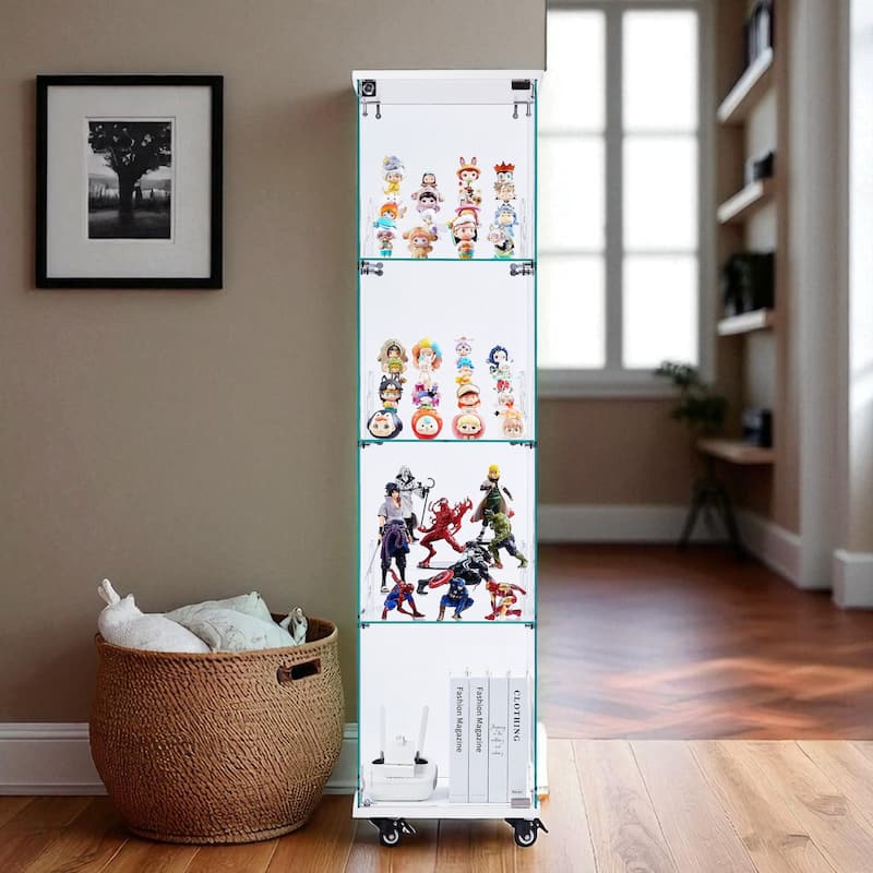 4-Tier Glass Display Cabinet with Lock and Wheels, Single Door Storage Case with 3 Acrylic Shelves for Collectibles and Office - White