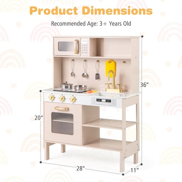 dimension image slide 1 of 2, Costway Height Adjustable Play Kitchen Wooden Kitchen Playset with - See Details
