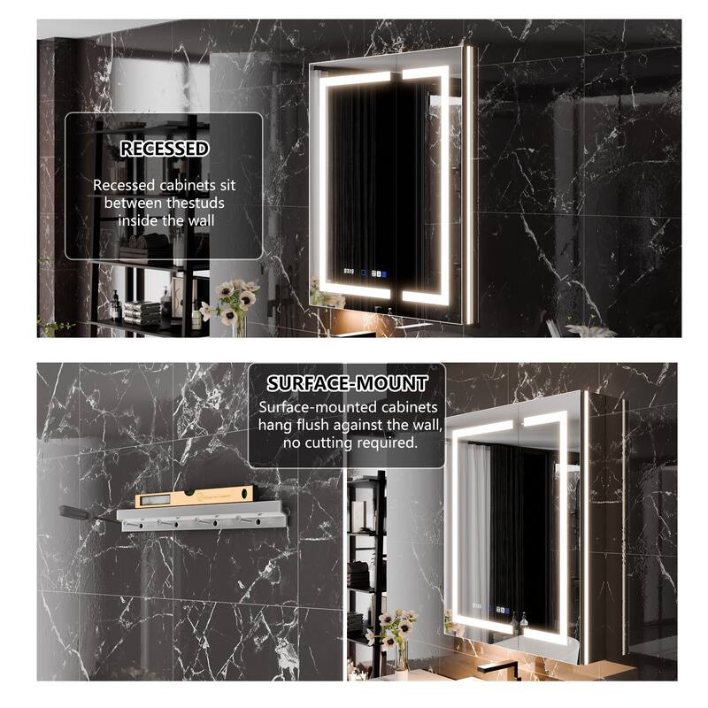 36'' H Recessed or Surface Mounted Bathroom LED Mirror Cabinet With Defogger, Dimmer, 10x magnifying