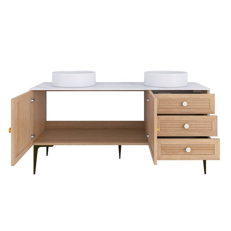 60" Freestanding Bathroom Vanity in Oak with White Ceramic Sink - 60'' x 20.05'' x 33.46''
