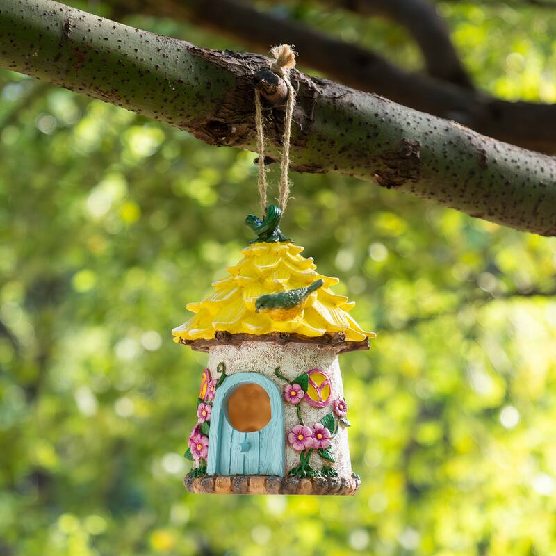 Glitzhome 9''H Resin Pink Yellow Roof Outdoor Garden Birdhouse - Yellow