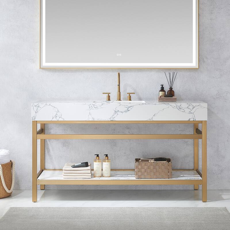 Ecija Bath Vanity, Metal Support with Composite Stone Top and Mirror