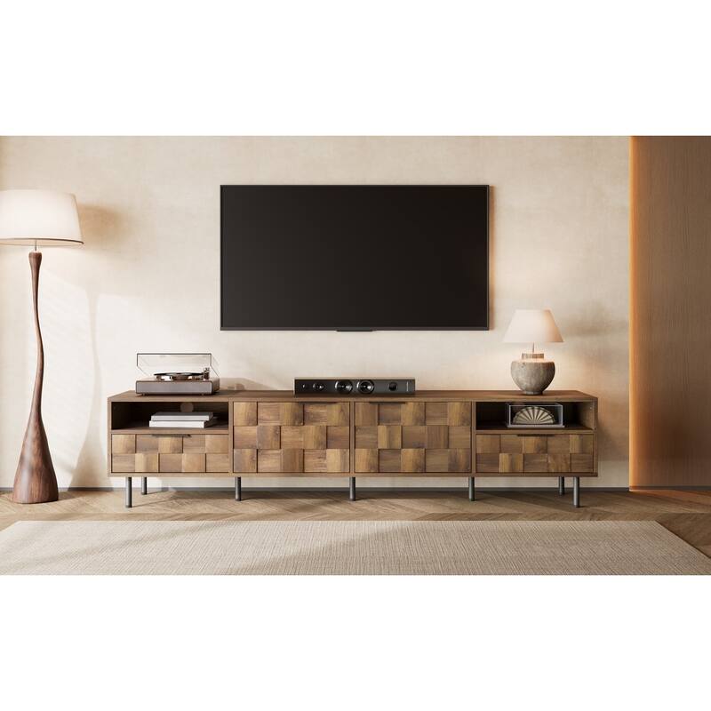 Mid-Century Modern TV Stand Media Console, Entertainment Center with 2 Drawers, Storage Cabinets, Open Shelves for TVs up to 85"