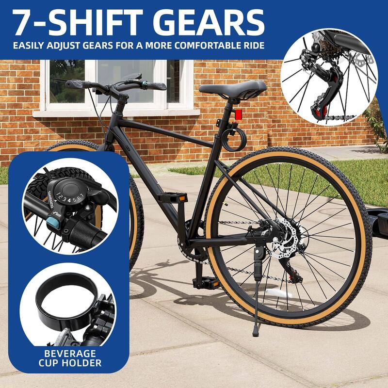 28" Road Bike Black 7 Speed Commuter Bike Lightweight Aluminum Frame Racing Bike with Disc Brake System