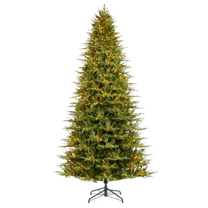 Glitzhome 7.5ft/9ft/11ft Pre-Lit Green Full Fir Artificial Christmas Tree with 1800/2450/3200 LEDs Simple Setup