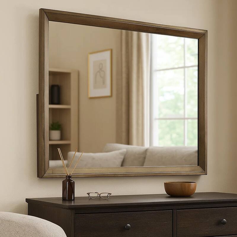 Rouk Dresser Mirror, Walnut Brown Solid Wood, Rectangular 45 Inch Frame - Walnut Brown