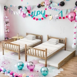 Twin Over Twin Rubber Wood Bunk Bed with Trundle, Convertible into 2 Twin Size Beds