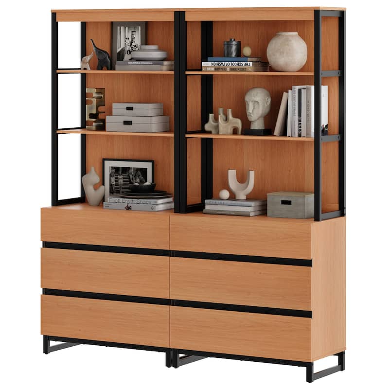 WAMPAT Modern 72" Tall Bookcase with Drawers and Open Book Shelfs, Library Book Shelf for Home Office, Living Room