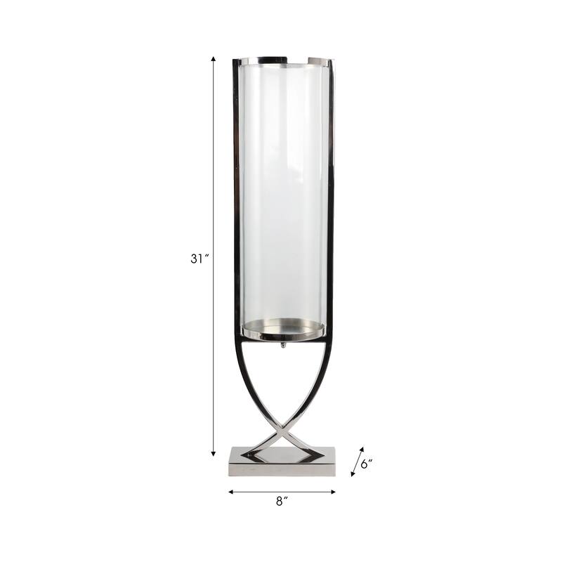 Modern Glass Pillar Candle Holder Decorative Lantern with Steel Frame