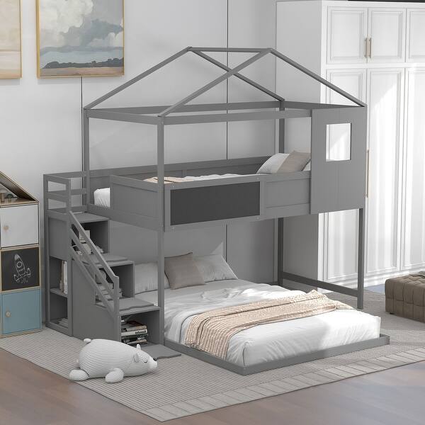 slide 2 of 28, Twin Over Full House Bunk Bed with Storage Staircase and Blackboard Grey - Full