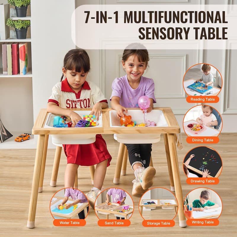 Natural Wood Pine Sensory Table Set with Stools & Storage Bins - 32.1" x 23.6" x 19.9"