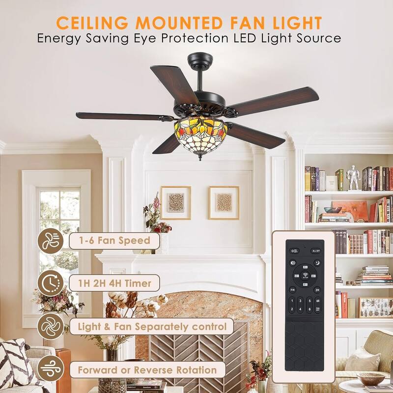 50" TiffanyTropical Ceiling Fan with 5 Palm Leaf Bllades and Vintage Cover Waterproof for Indoor and Outdoor Patio