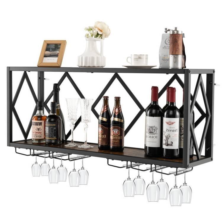 Rustic Brown-Black Engineered Wood Metal Wall-Mounted Wine Rack XL - 39.5" x 10" x 18" - Rustic Brown-Black