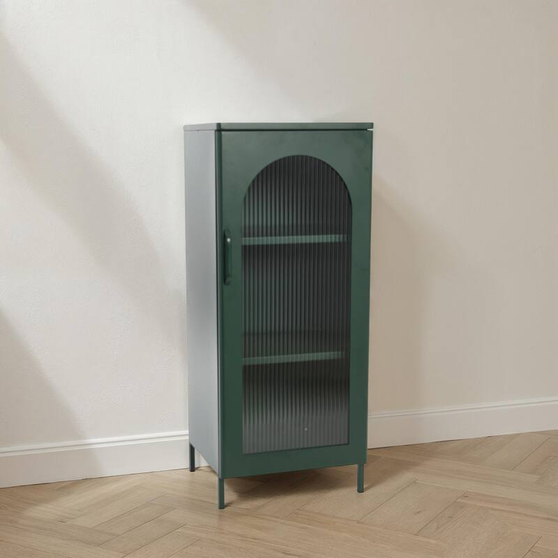 Solstice Metal Accent Cabinet with 2 Adjustable Storage Shelves and Arched Glass Door - Green