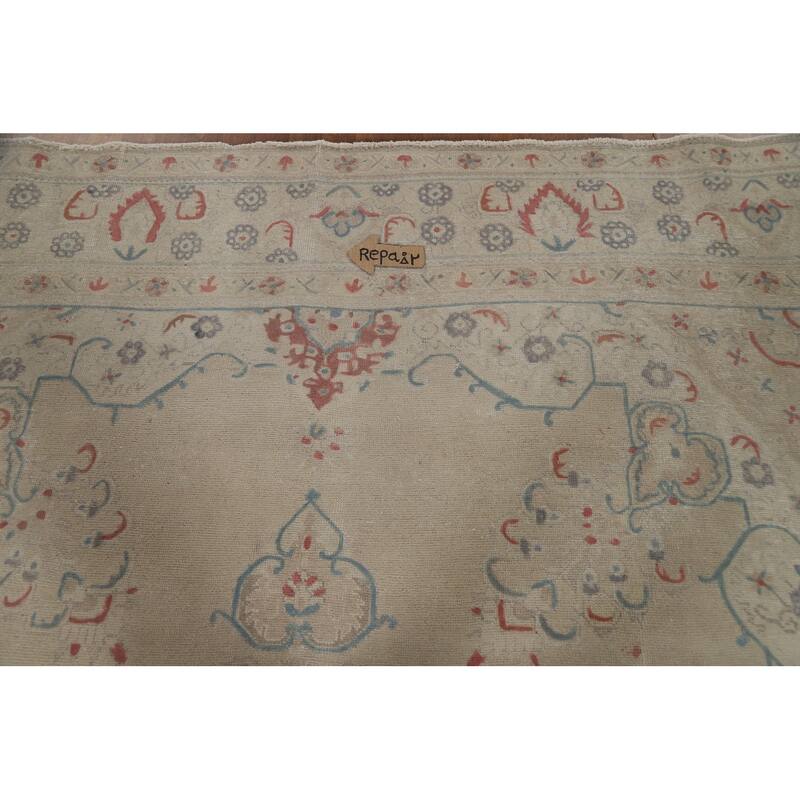 Medallion Tabriz Persian Area Rug Hand-Knotted Beige Wool Carpet - 9'2"x 12'8"