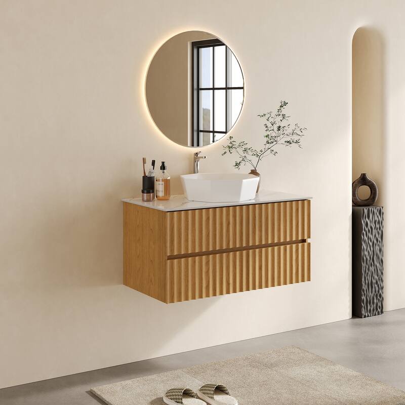 35.43" Floading Single Bathroom Vanities, With 2 Drawers, Glossy Sintered Stone Top, Light Wood