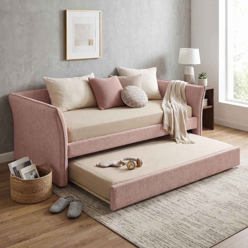 Furniture of America Gestin Modern Twin Upholstered Daybed with Trundle