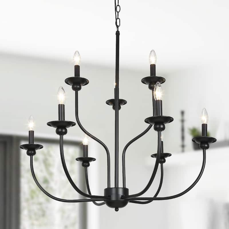 Modern Farmhouse 9-Light Black Chandelier Classic Tierd Lights for Dining Room
