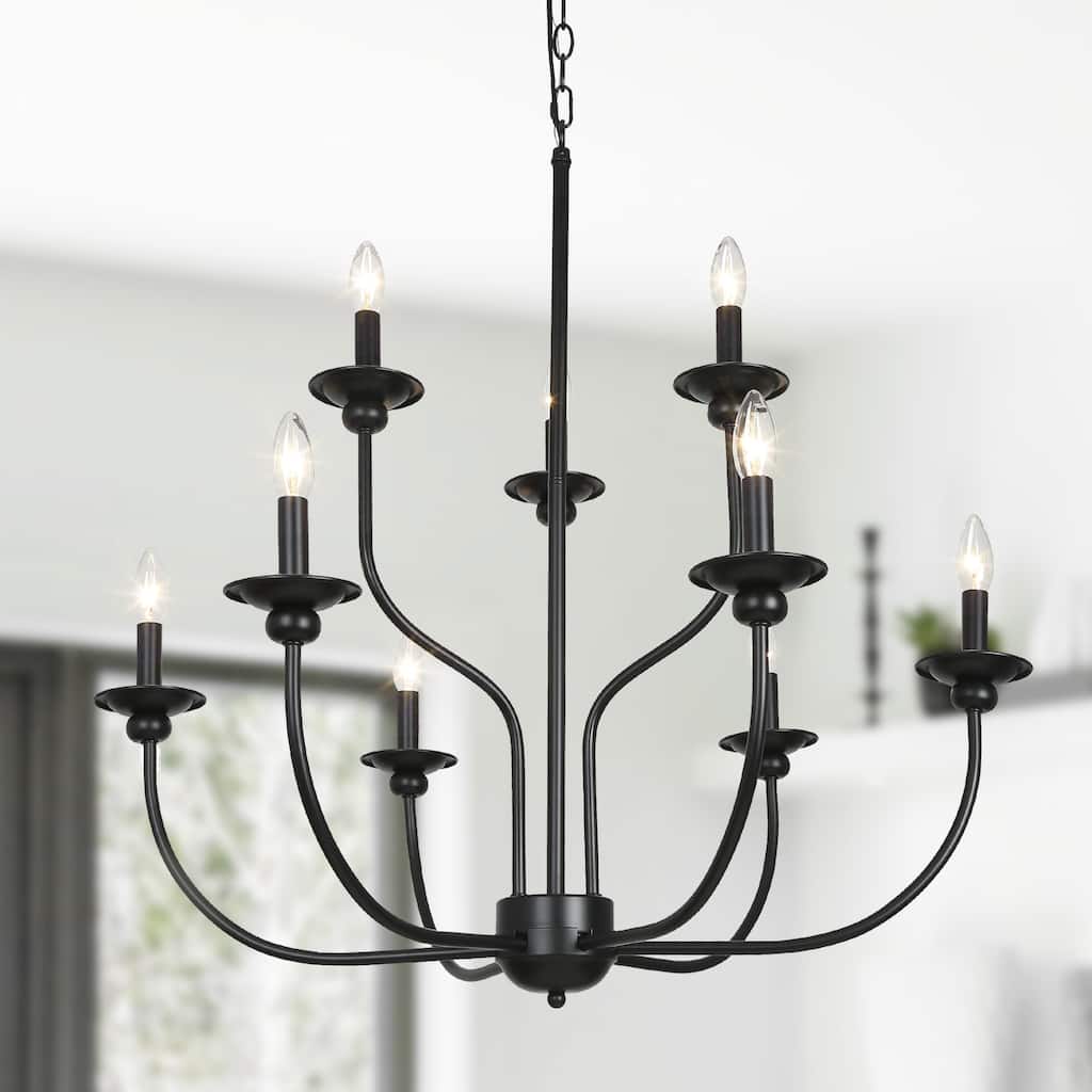 Modern Farmhouse 9-Light Black Chandelier Classic Tierd Lights for Dining Room