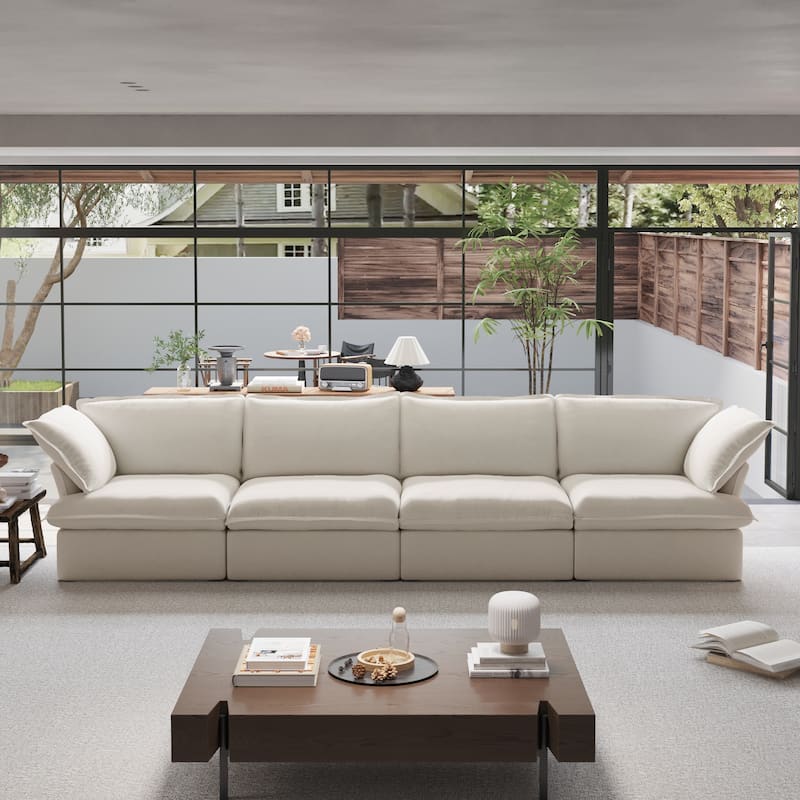 Modern Comfy Cloud Sofa Couch, Minimalist Down-Filled Sectional Sofas Couches, Cushion Covers Removable - 4 Seats+Beige
