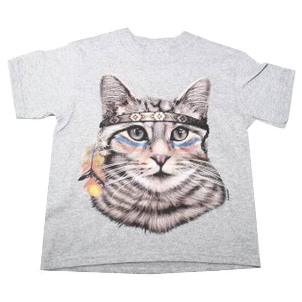 Shop Girls Gray Native American Cat Print Short Sleeve T Shirt