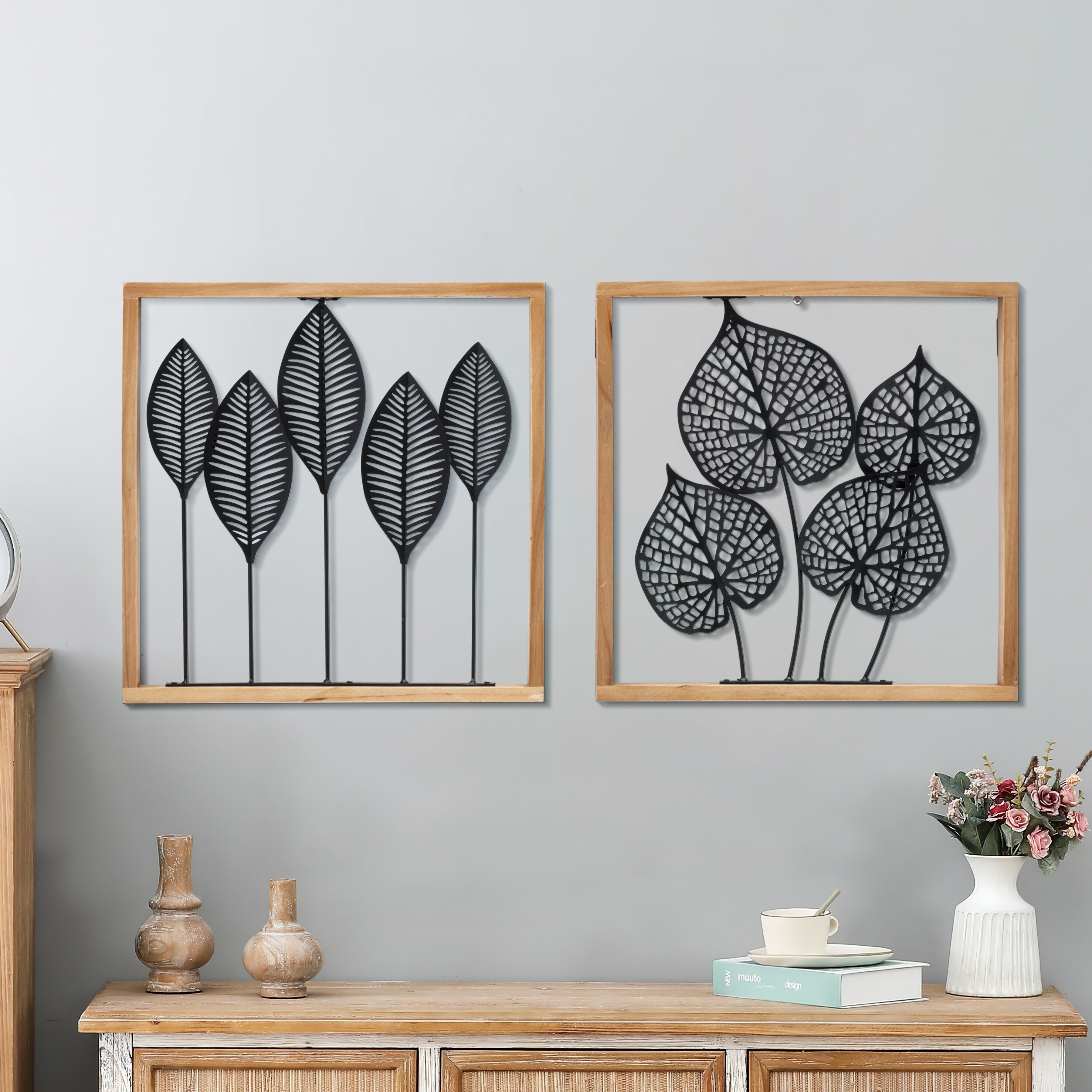 COZAYH Modern Wall Art Decor Set of 2, Metal Leaves Home