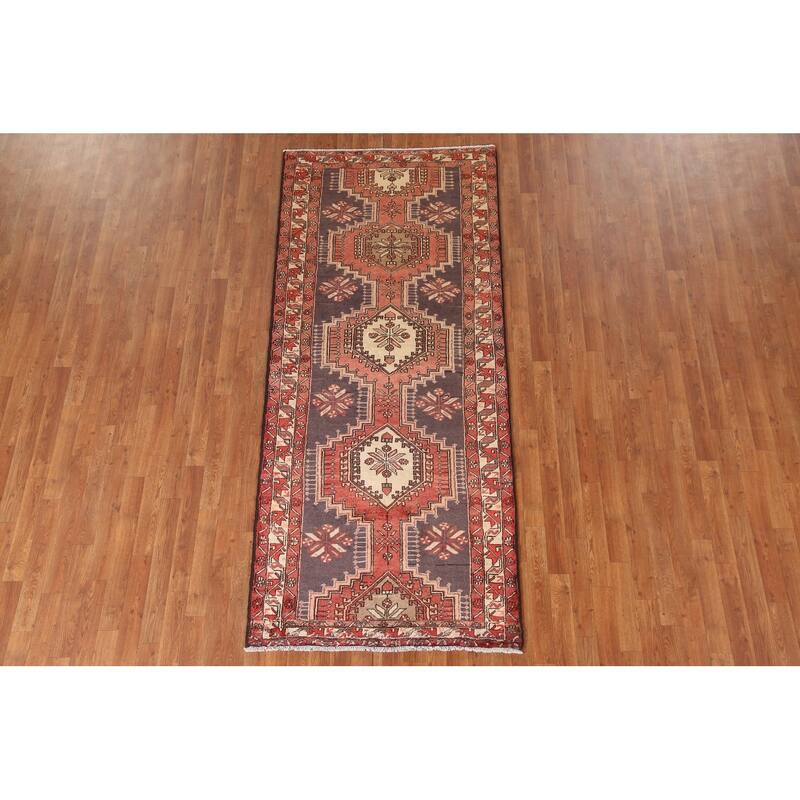 Geometric Ardebil Persian Vintage Runner Rug Hand-Knotted Wool Carpet - 3'10"x 8'6"