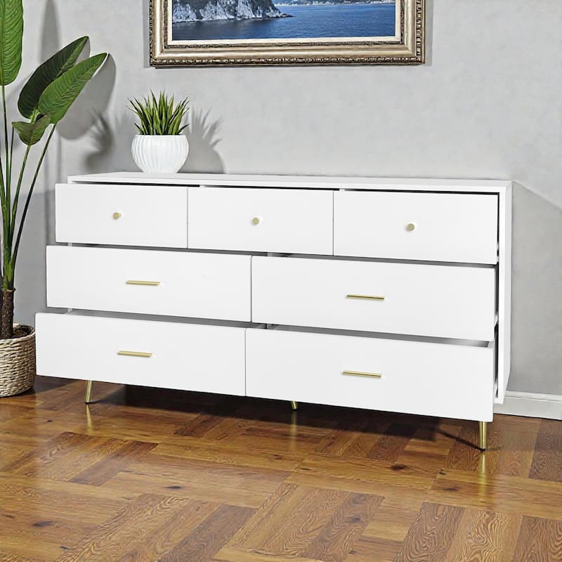 Modern 7 Drawer Dresser with Gold Handles and Legs, Large White Chest of Drawers Storage Cabinet for Bedroom