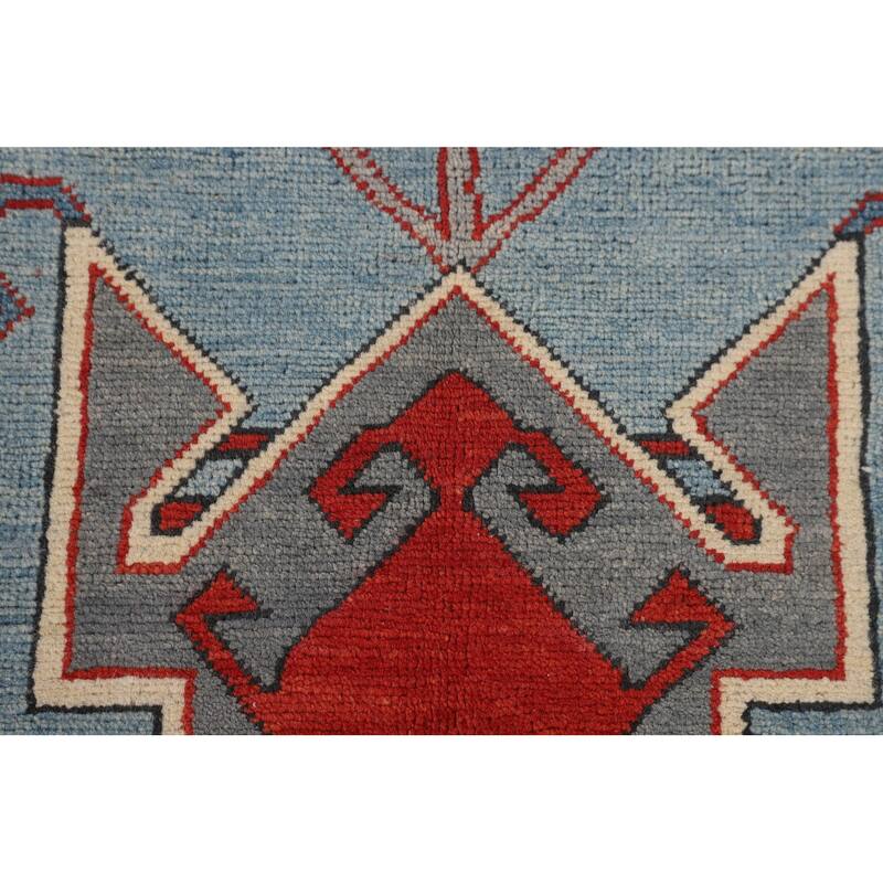 Light Blue Geometric Kazak Foyer Rug Hand-Knotted Wool Carpet - 3'6" x 5'3"