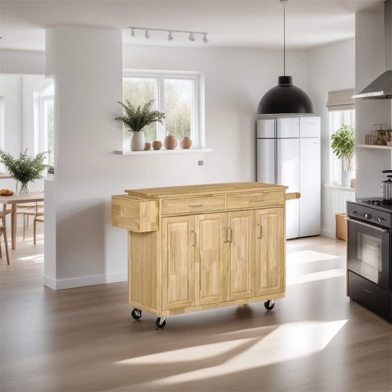 Rolling Wood Kitchen Cart with Drawers and Towel Bar - N/A - Natural Wood