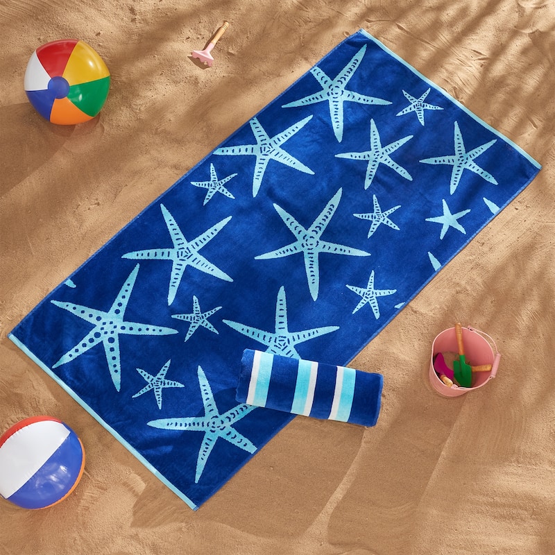 Linery & Co. 100% Cotton Jacquard 2 Pack Summer Beach Towels - 2 Pack- 30" x 60" - Star Fish & Stripes