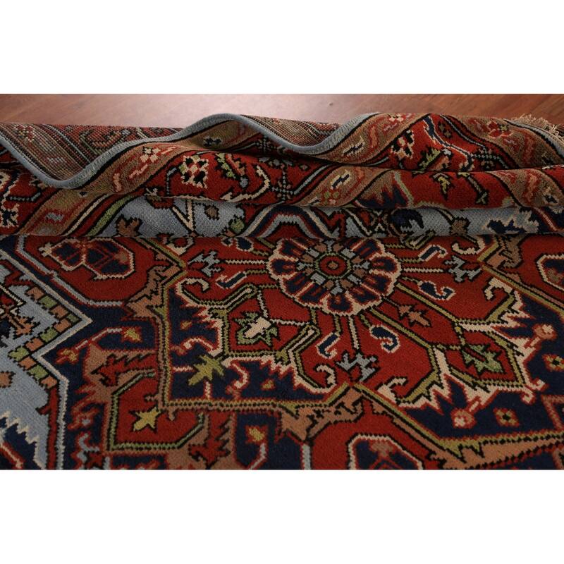 Geometric Heriz Serapi Indian Rug Hand-Knotted Blue Wool Carpet - 7'11"x 9'9"