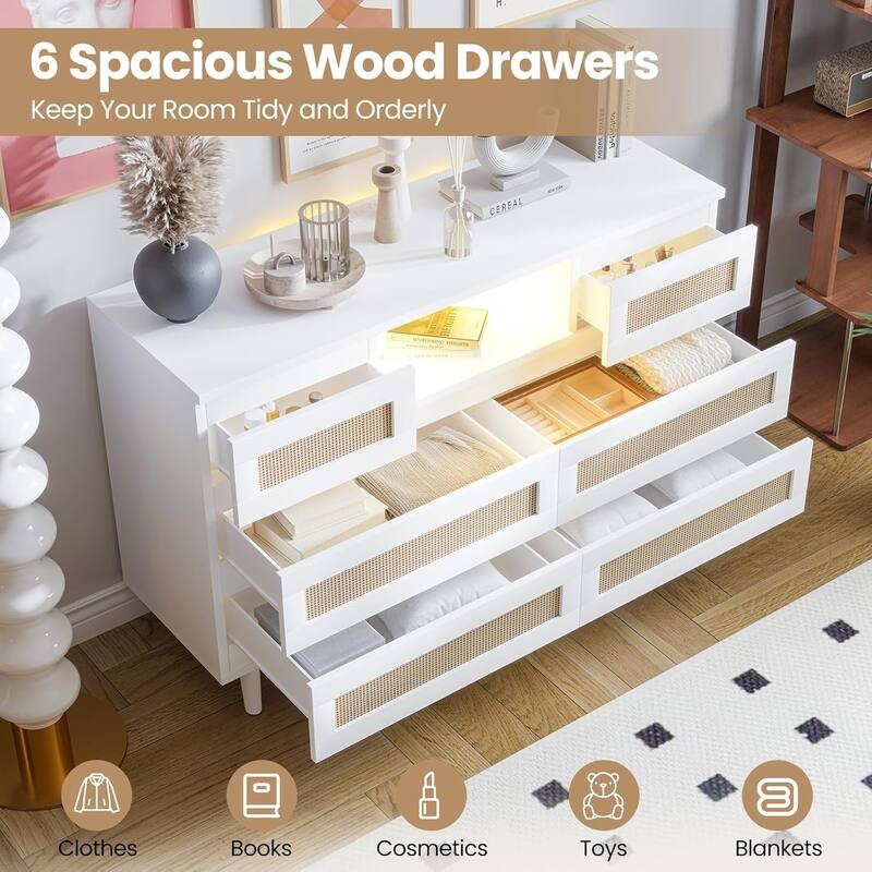 Modern Rattan 6-Drawer Dresser w/ LED Light, Deep Drawers