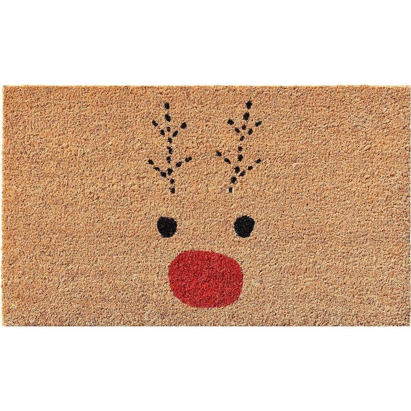 HomeRoots 36" X 72" Brown Red And Black Christmas Reindeer Outdoor Coir Door Mat - 36.00' X '72.00
