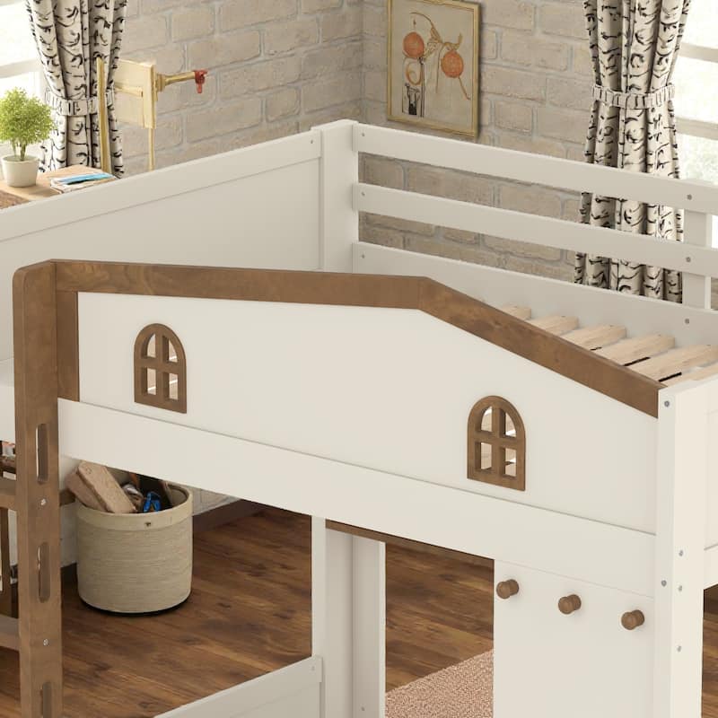 Solid Wood Bunk Bed with Trundle and Storage Shelves, Full Over Full/Queen Over Queen Bunk Bed with Hooks