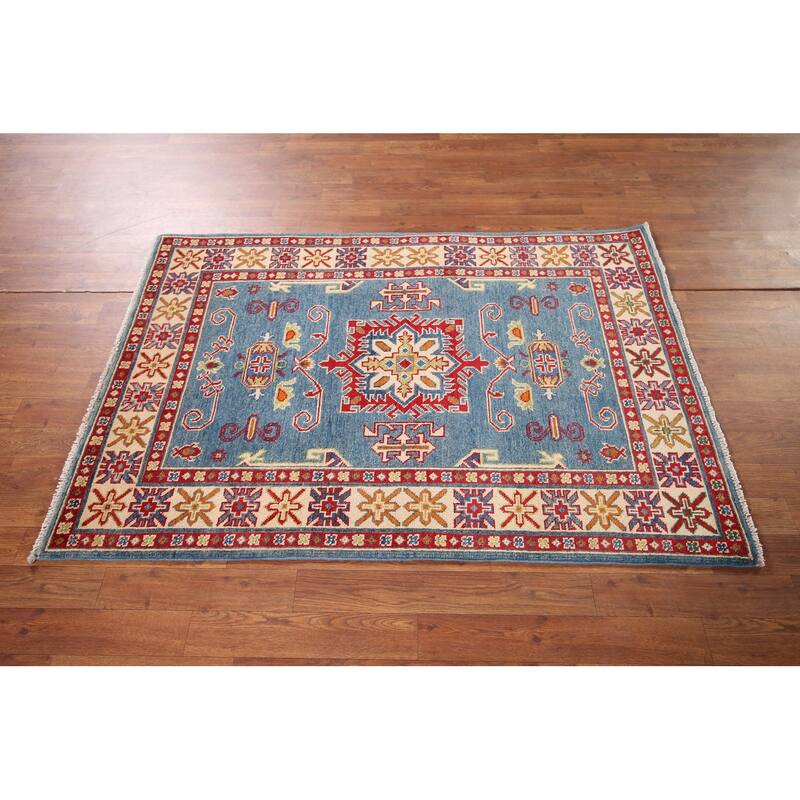 Light Blue Geometric Kazak Accent Rug Hand-Knotted Foyer Wool Carpet - 3'4" x 4'11"
