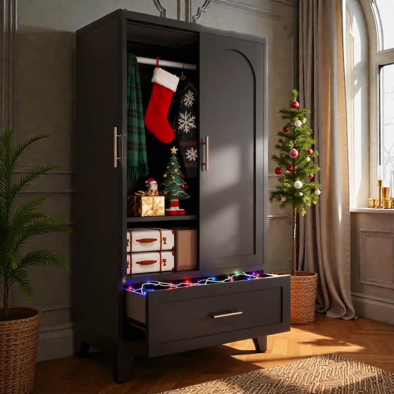 60 Inch Metal Wardrobe Cabinet with Drawer and Hanging Rod, 2 Door Steel Closet Storage with Shelf for Bedroom