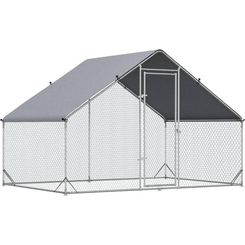 9.8 Ft x 6.6 Ft. Outdoor Yard Metal Walk-in Chicken Coop with Waterproof Cover - Silver