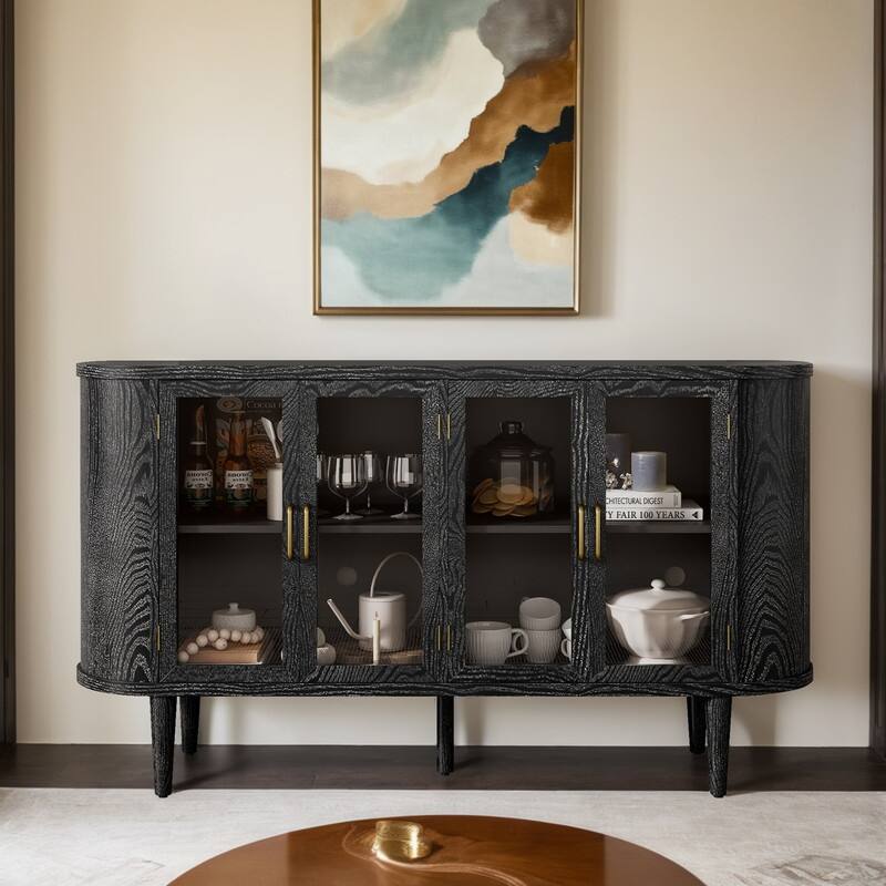 Sideboard Cabinet with Storage, Wood Buffet Cabinet with Glass Doors and Adjustable Shelves for Kitchen