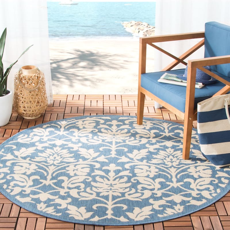 SAFAVIEH Courtyard Heleena Indoor/ Outdoor Waterproof Patio Backyard Rug - 6'7" Round - Blue/Natural