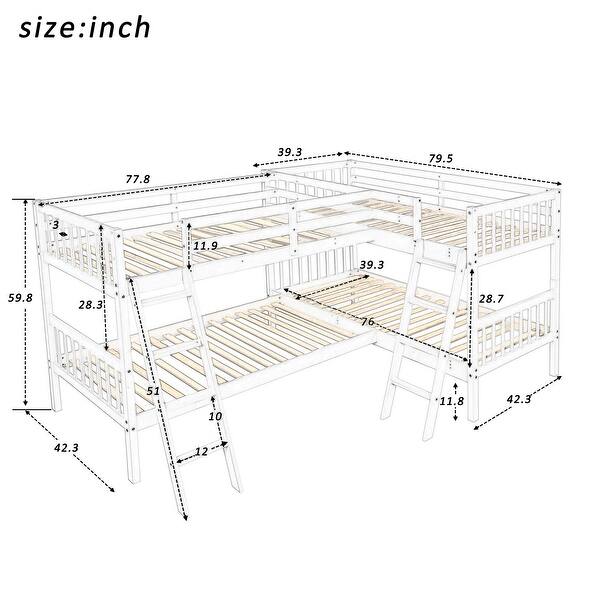 Twin Size L-Shaped Bunk Bed with Ladder, Slatted Wood Design for 4, Full-Length Guardrail for Kids Teens