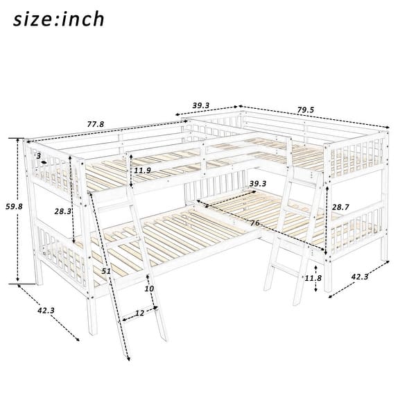 Wonderful L-Shaped Bunk Bed for 4 can be Divided into 2 L-Shaped Bunk Beds with Built-in Ladder and Safety Guardrails